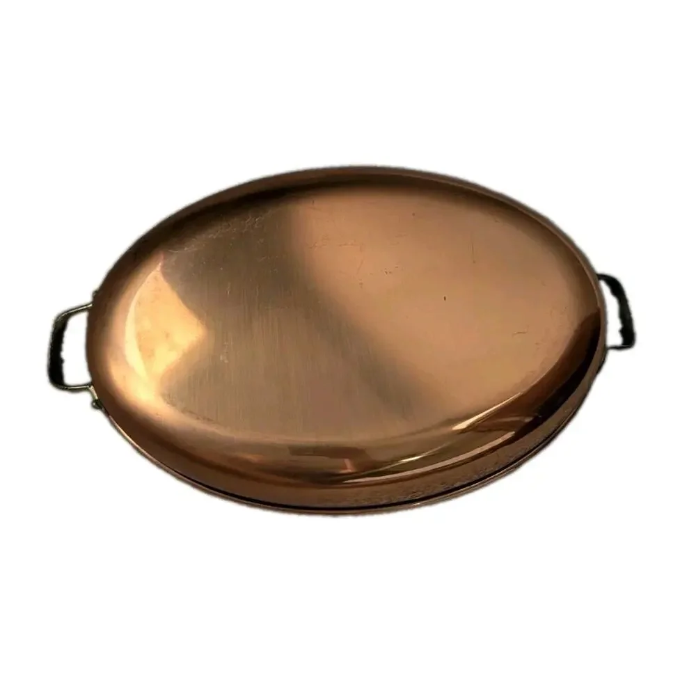 Vtg Copper Oval Gratin Pan Tin Lined Brass Handles Hammered Roasting Baking Dish